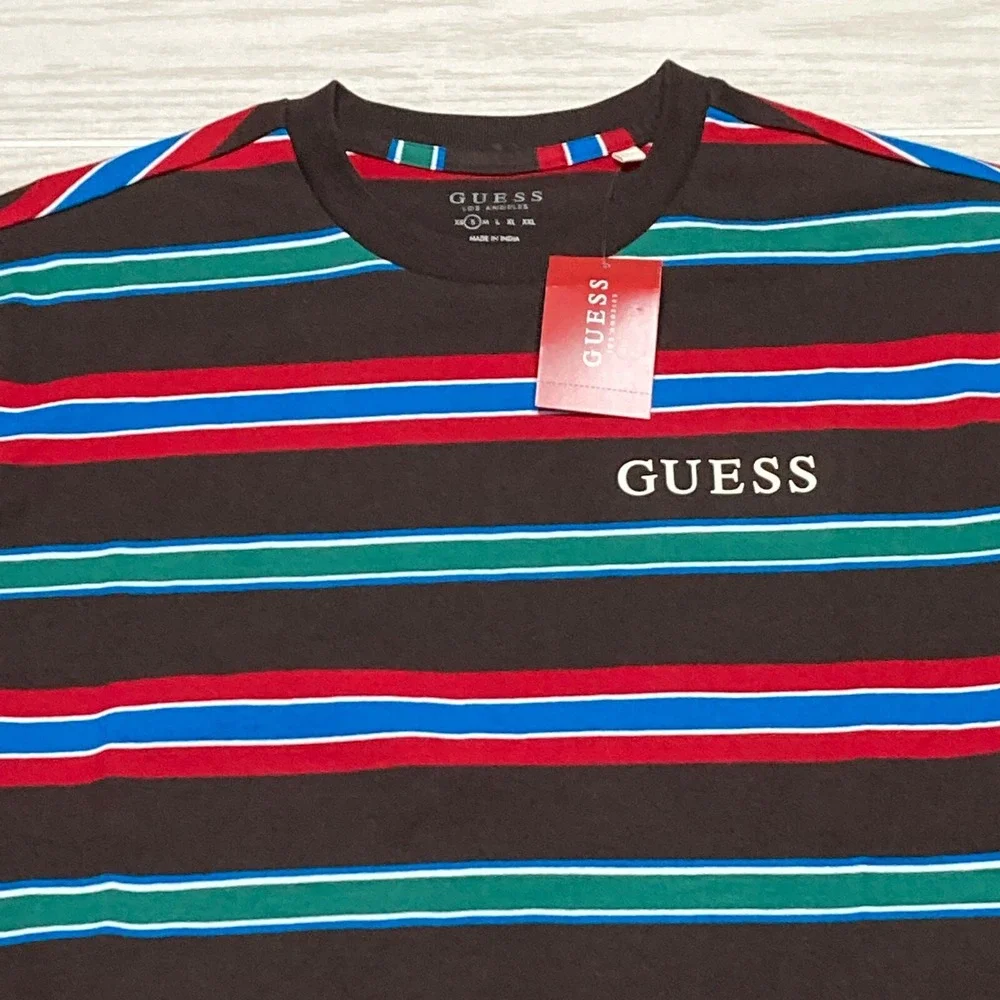 Guess Los Angeles Men's Autumn Stripe Techno Retro Spellout T-Shirt Size Small - Picture 2 of 8